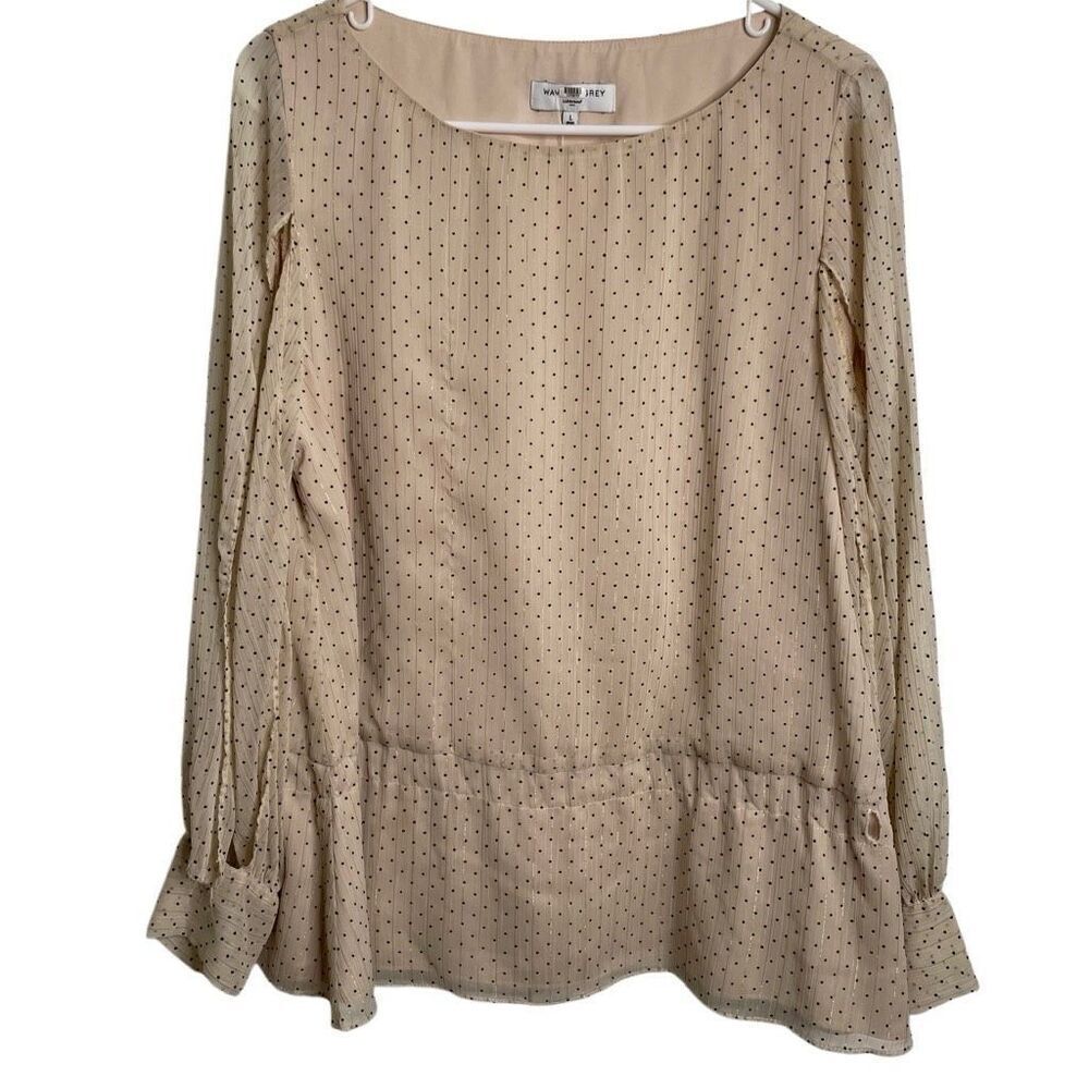 Waverly Grey Womens Split Sleeve Blouse L Beige Black Swiss Dot Layered Business